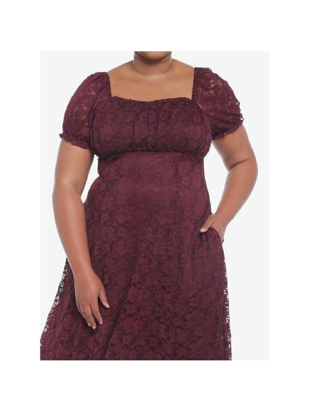 Burgundy Floral Lace Midi Dress Plus Size 1